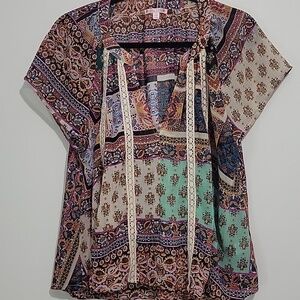 WOMEN'S PATCHWORK SHORT SLEEVE BOHO FLOWY BLOUSE
